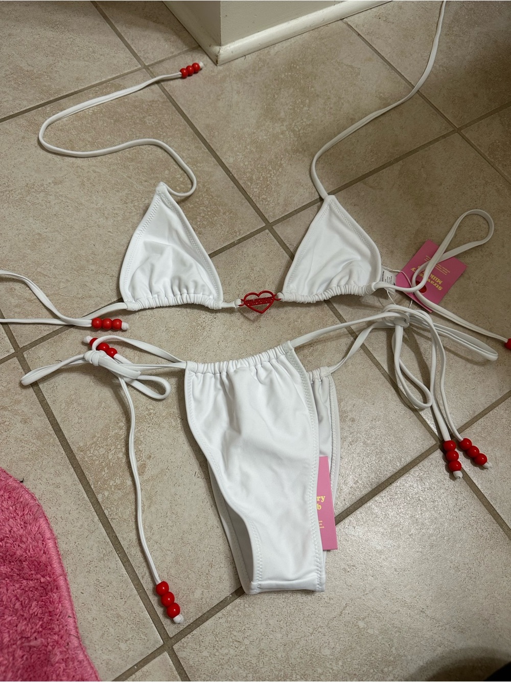 Strawberry Milk Mob White String Bikini with Red Bead Accents